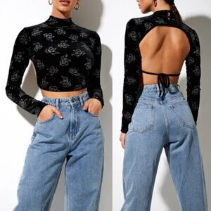 Motel Rocks Quelia Velvet Angel Pattern Black Long Slv Crop Top Open Back XXS